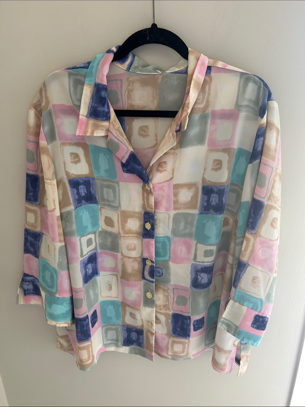 Vintage Pastel Geo-Print Button-Up Blouse - Multi